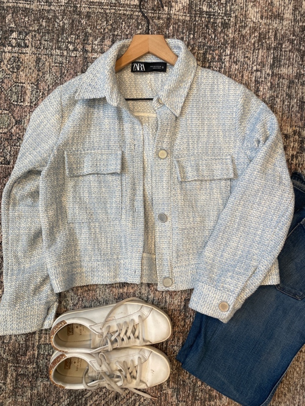 Zara Blue White Tweed Jacket Small Cropped Button Front Boucle Shacket Classic